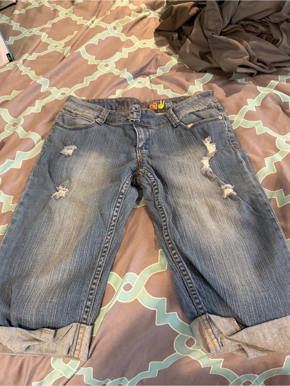 Mudd Women's Distressed Blue Boyfriend Jeans with Rolled Cuffs